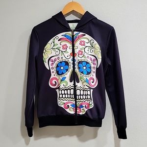 Candy Skull Black Full Zip Hoodie Girls Size L